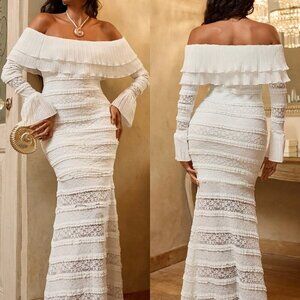 White Elegant Women's Sexy Knit Lace Ruffle Trim Long Sleeve Fitted Dress